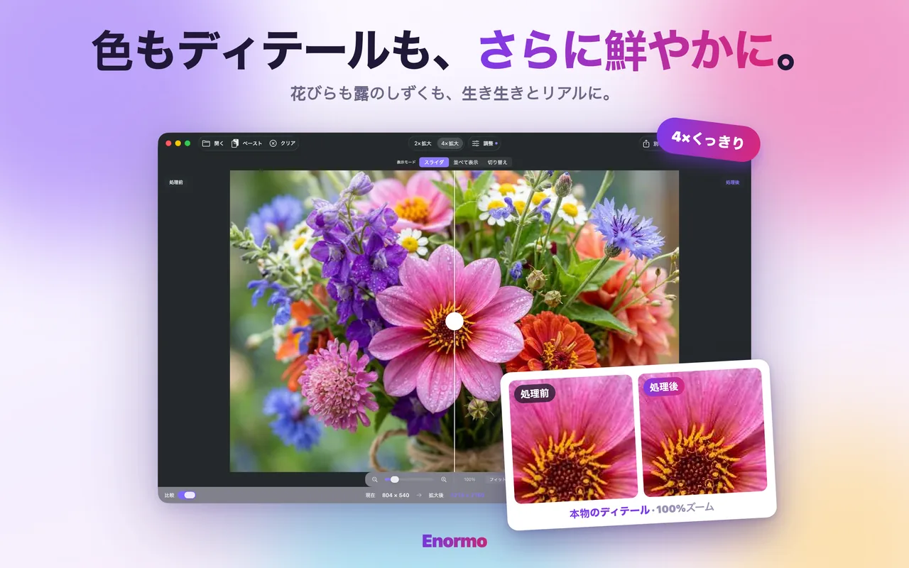 Enormoが風景写真を美しく仕上げる様子