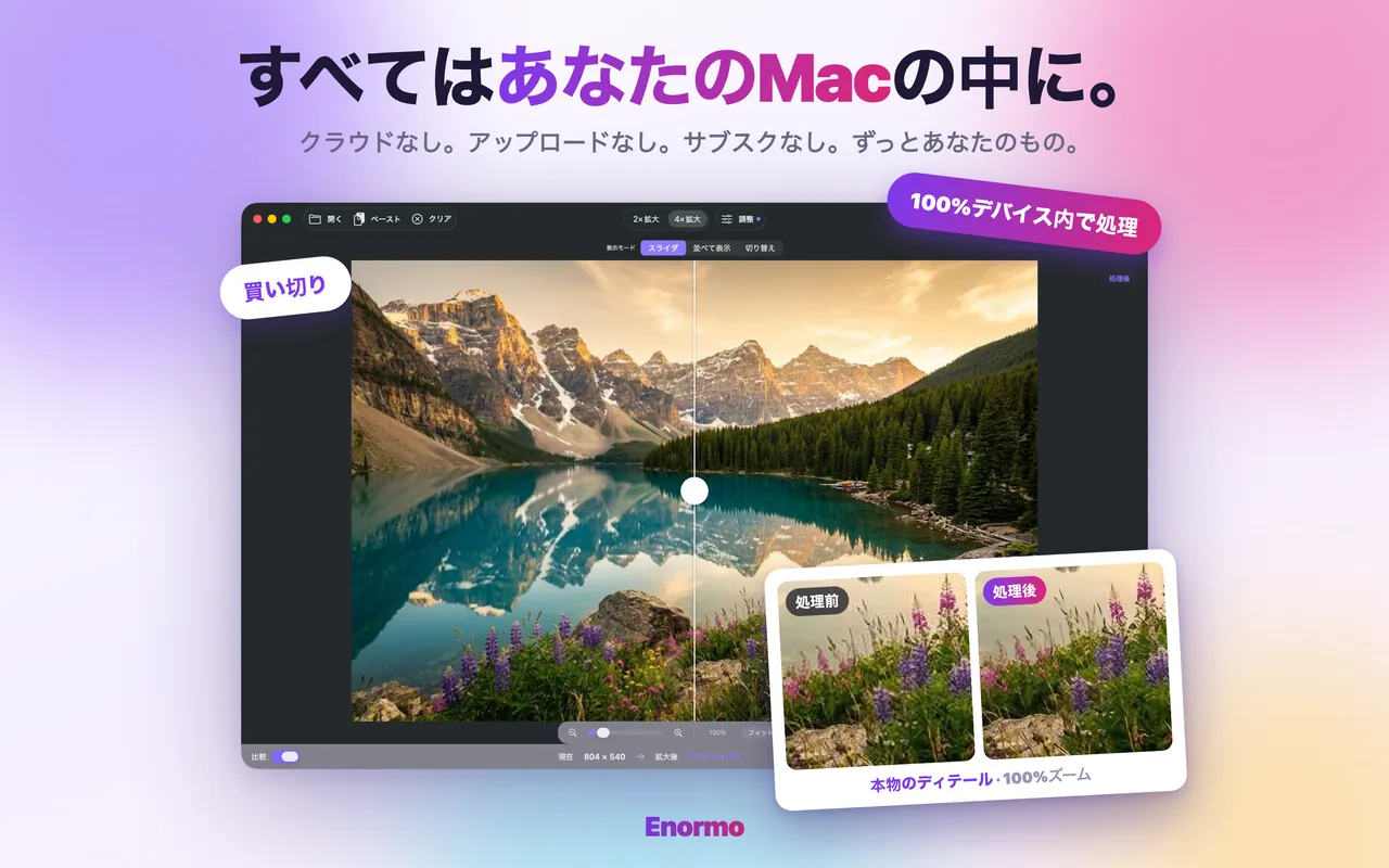 EnormoがMac上で写真をプライベートに処理する様子